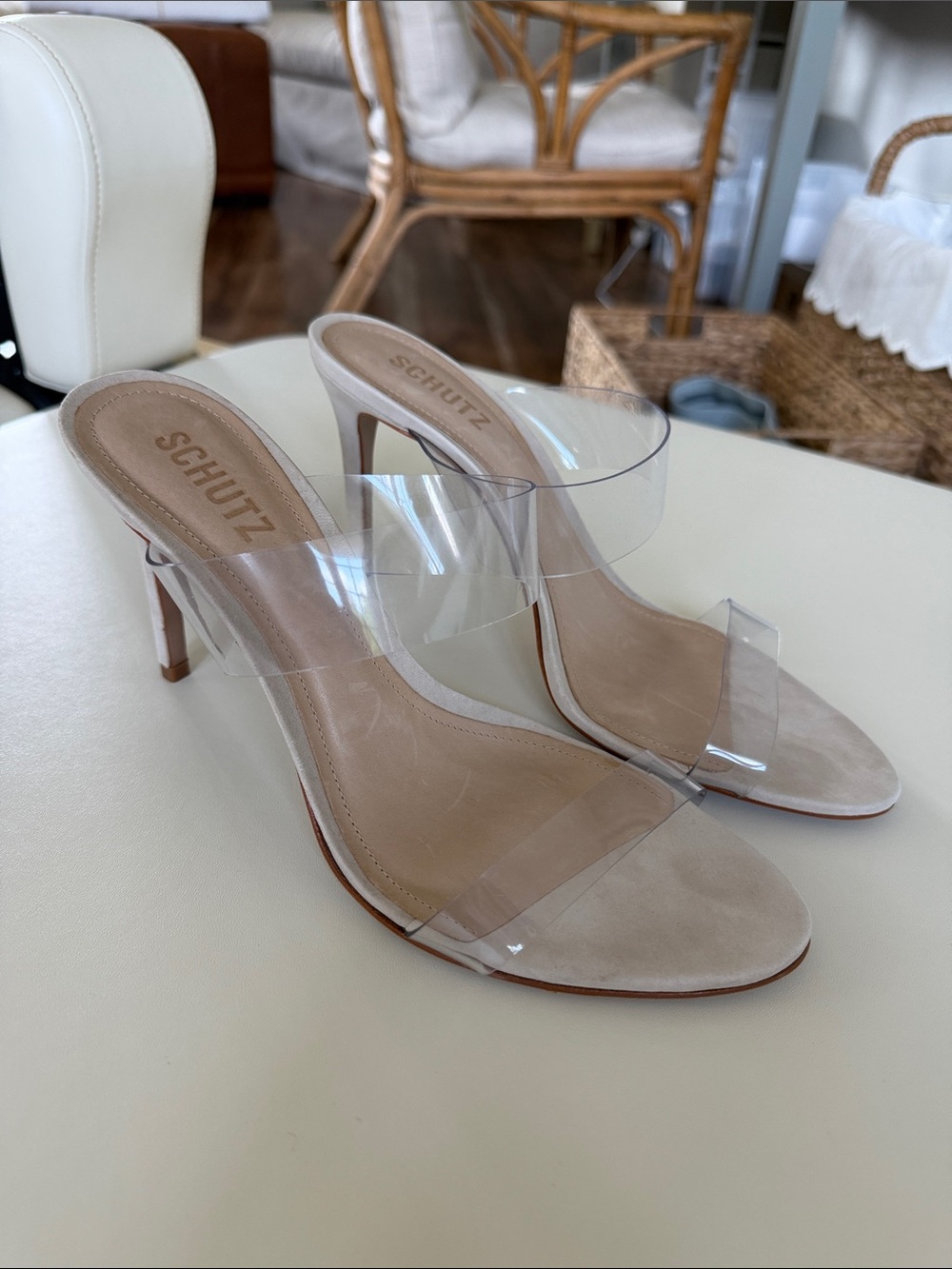 SCHUTZ ARIELLA SUADE SANDAL- Clear Strap Nude Stiletto Slide Heels